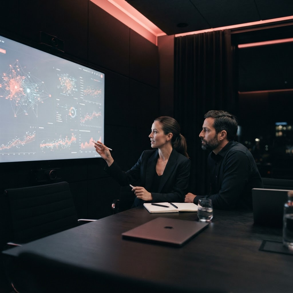 Advisors reviewing AI data visualizations during a strategy session